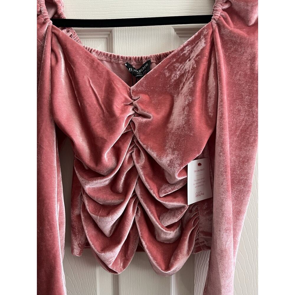 MINKPINK Ruched Pink Velvet Stretch Puff Sleeve Top Blouse - Picture 6 of 13